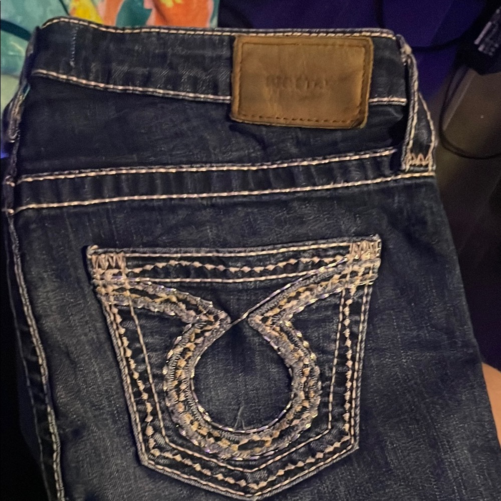 Big Star Blue Jeans with Ornate Stitching and Leather Patch